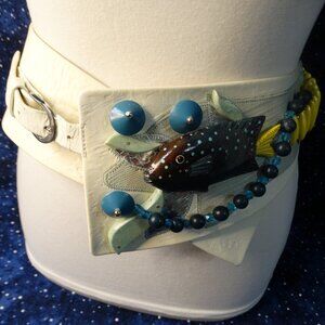 Vintage Salena's Collection 80's Statement White Belt 27"- 31" Beads Fish Design